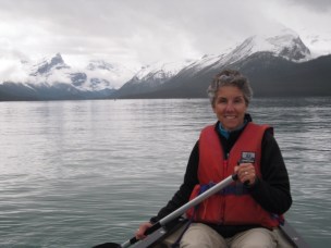 Molly canoeing on Maligne Lake