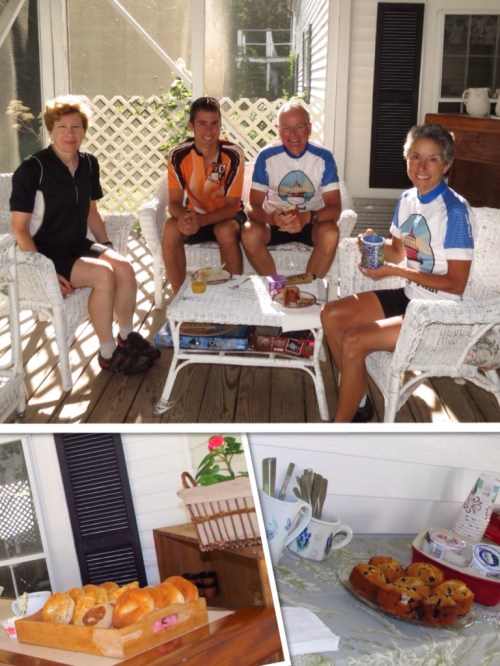 The cycling foursome enjoying a country inn breakfast
