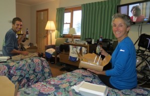 Carl and Molly enjoy dinner in a dry motel room