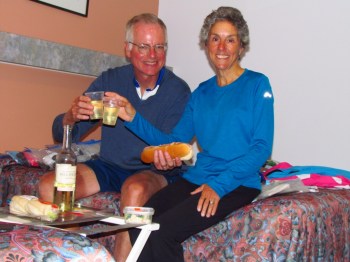 Living it up with a gourmet dinner and wine from the local store