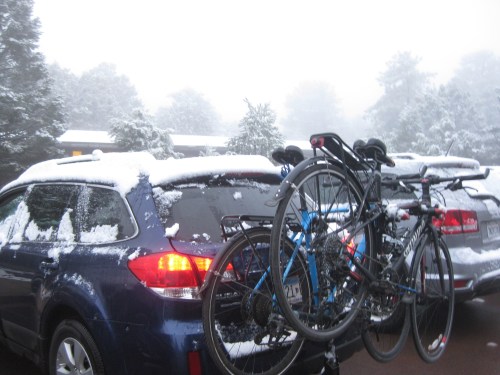 Bikes on snowy car