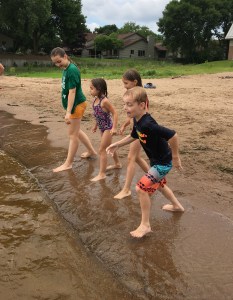 Family camping swimming