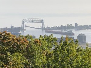 Ore boat approaching the bridge